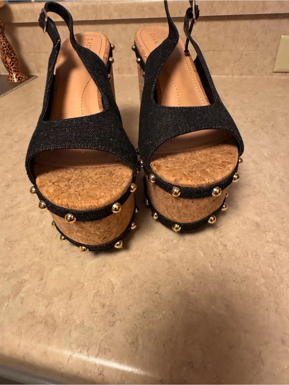 Black Canvas Cork heel Platform Slingback Heels with Stud Detail